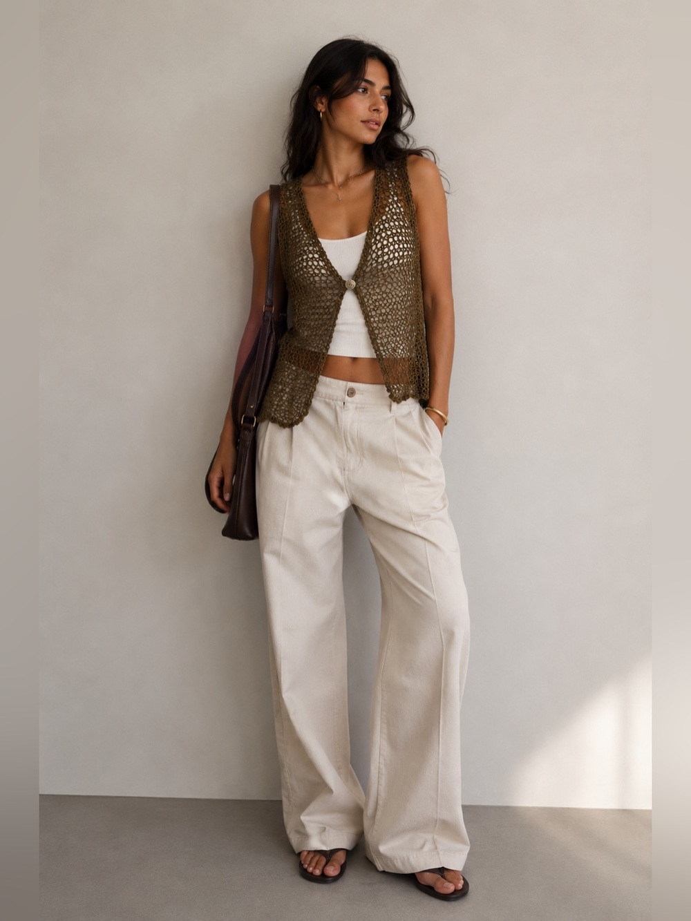 B.B. Studio Olive Crochet Open Vest